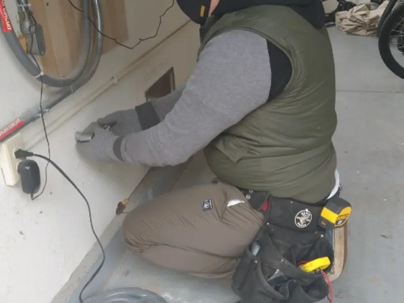 Electrician performing outlet wiring in a South Glens Falls garage